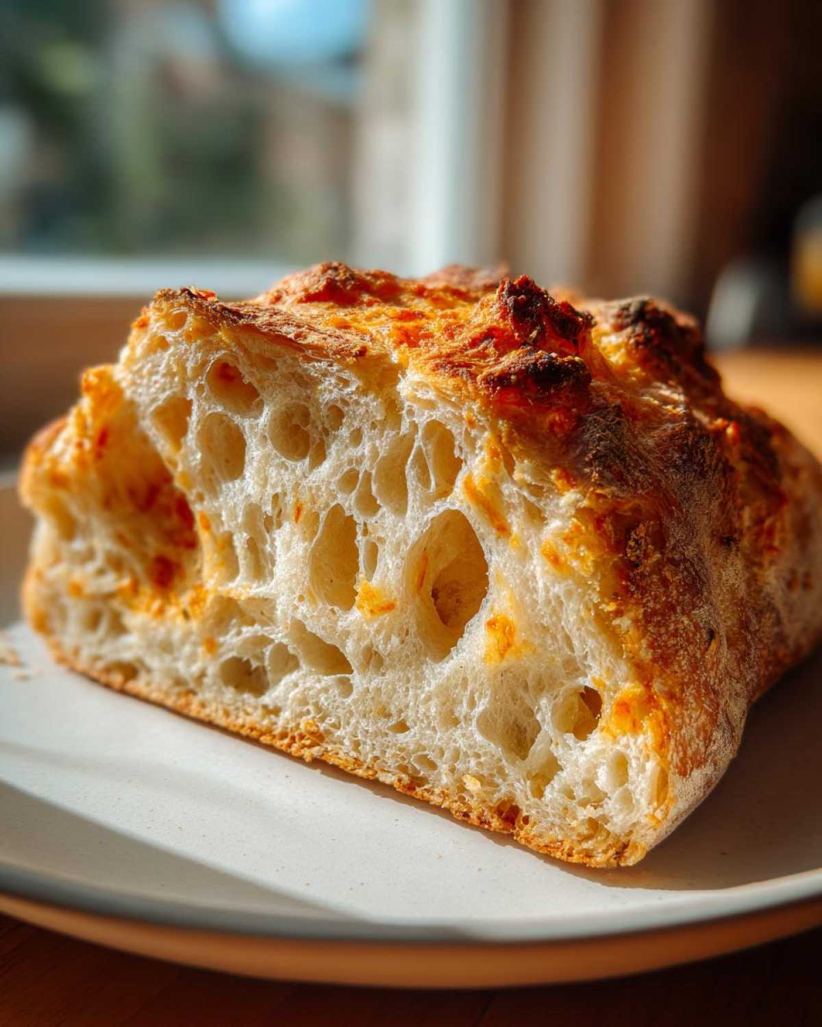 Close-up of a thick slice of artisan bread showing a beautiful open crumb structure and a golden, crusty top.