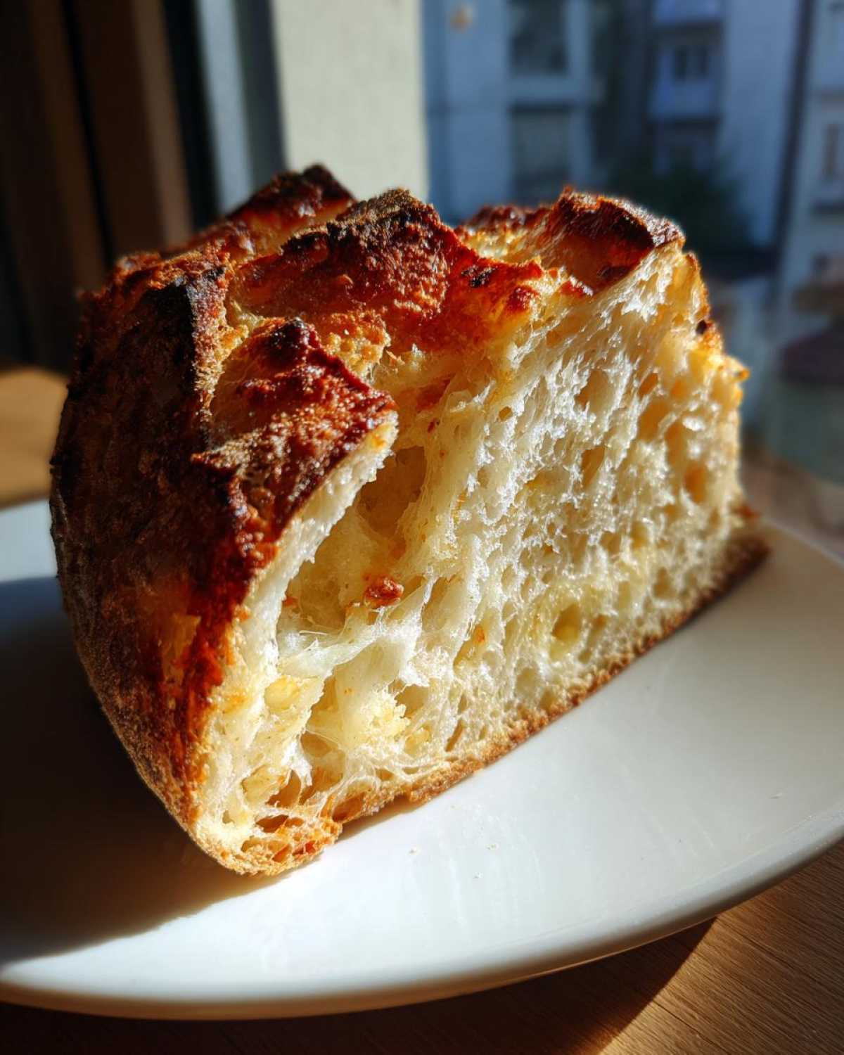 Close-up of a thick slice of artisan bread showing its open, airy crumb and dark, crusty top.