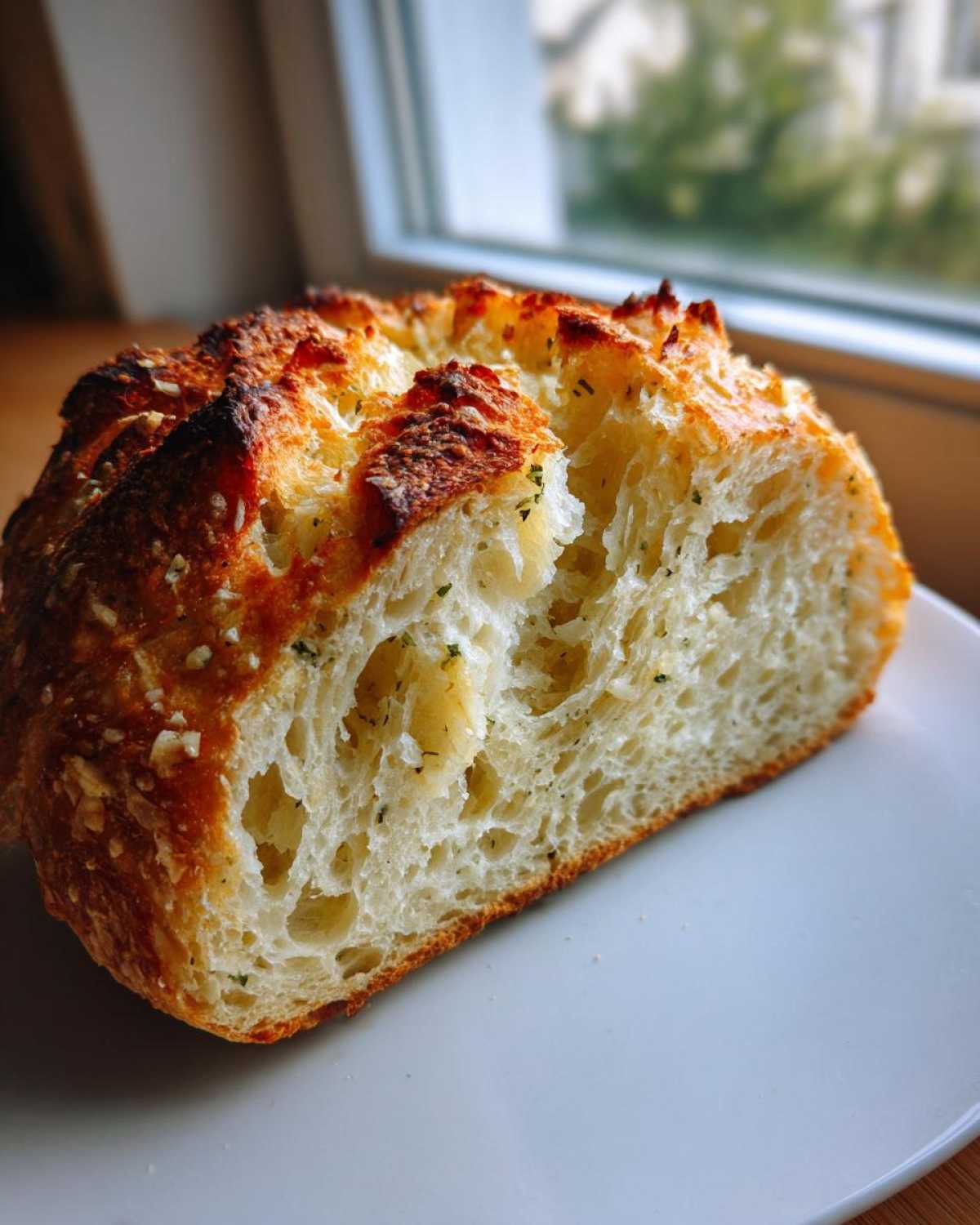 A cross-section of freshly baked artisan bread showing a soft, airy crumb and a golden, crusty top sprinkled with herbs.