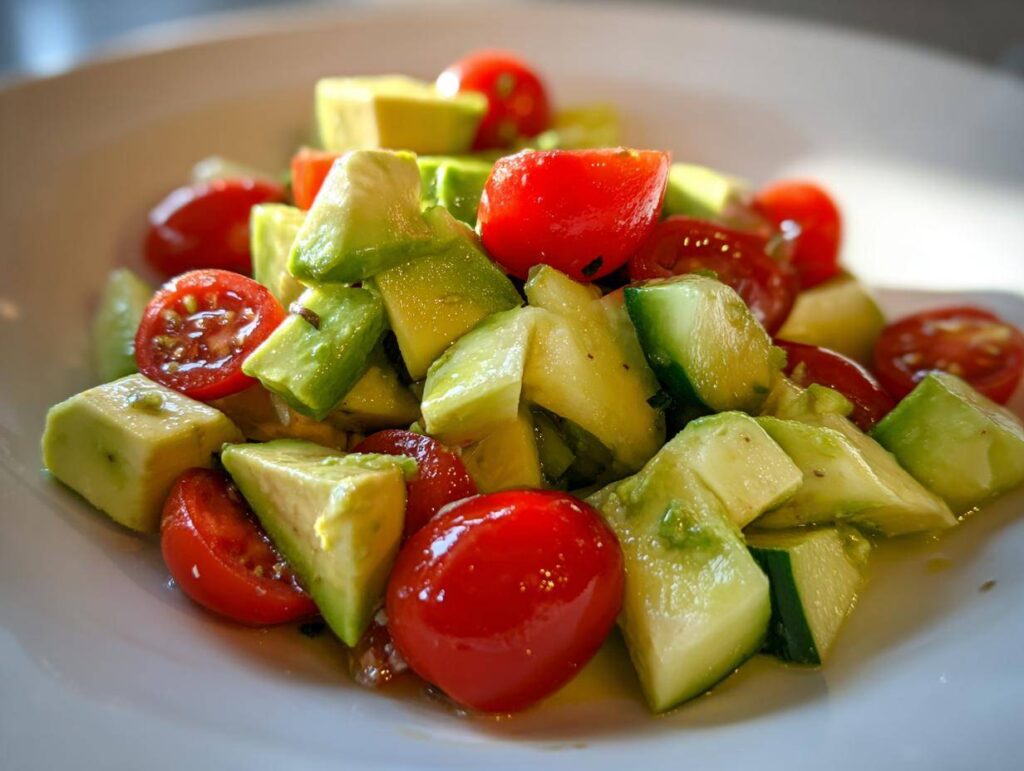 Close-up of a vibrant avocado salad featuring diced avocado, halved cherry tomatoes, and cucumber chunks lightly dressed.