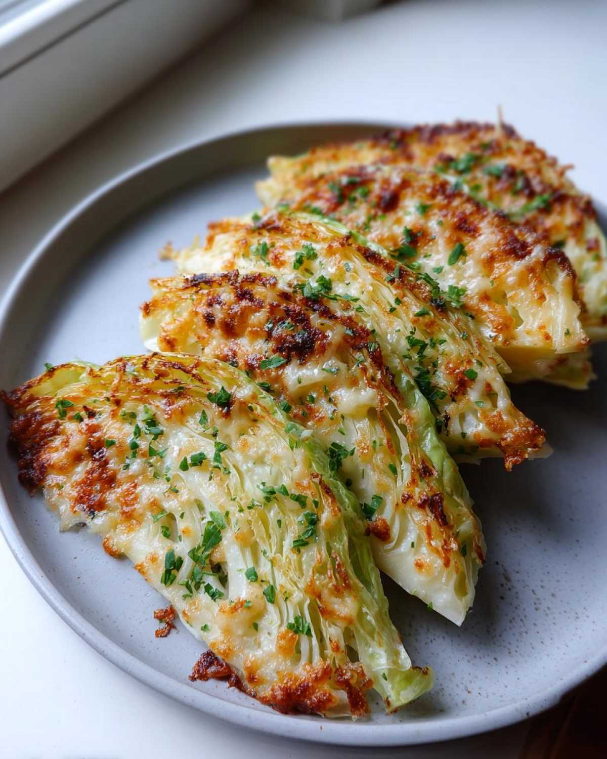 Four baked cabbage wedges topped with melted, browned cheese and fresh parsley, ready to eat from a plate.