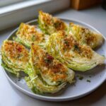 Five roasted cabbage wedges topped with golden breadcrumbs and parsley, served on a gray plate. A delicious cabbage recipe.