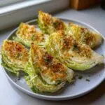 Five roasted cabbage wedges topped with golden breadcrumbs and parsley, served on a gray plate. A delicious cabbage recipe.