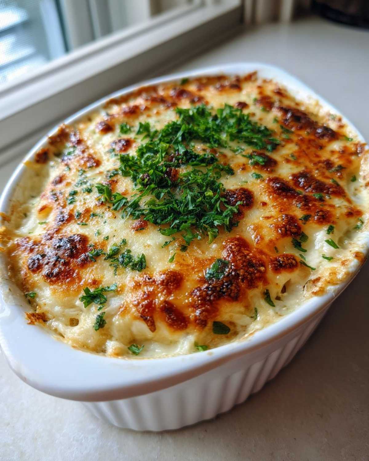 A bubbling, freshly baked hot crab dip in a white ramekin, topped with melted, browned cheese and fresh parsley.