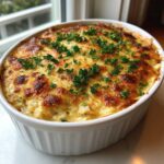 A freshly baked hot crab dip in a white oval dish, featuring a bubbly, golden-brown cheese crust topped with fresh parsley.