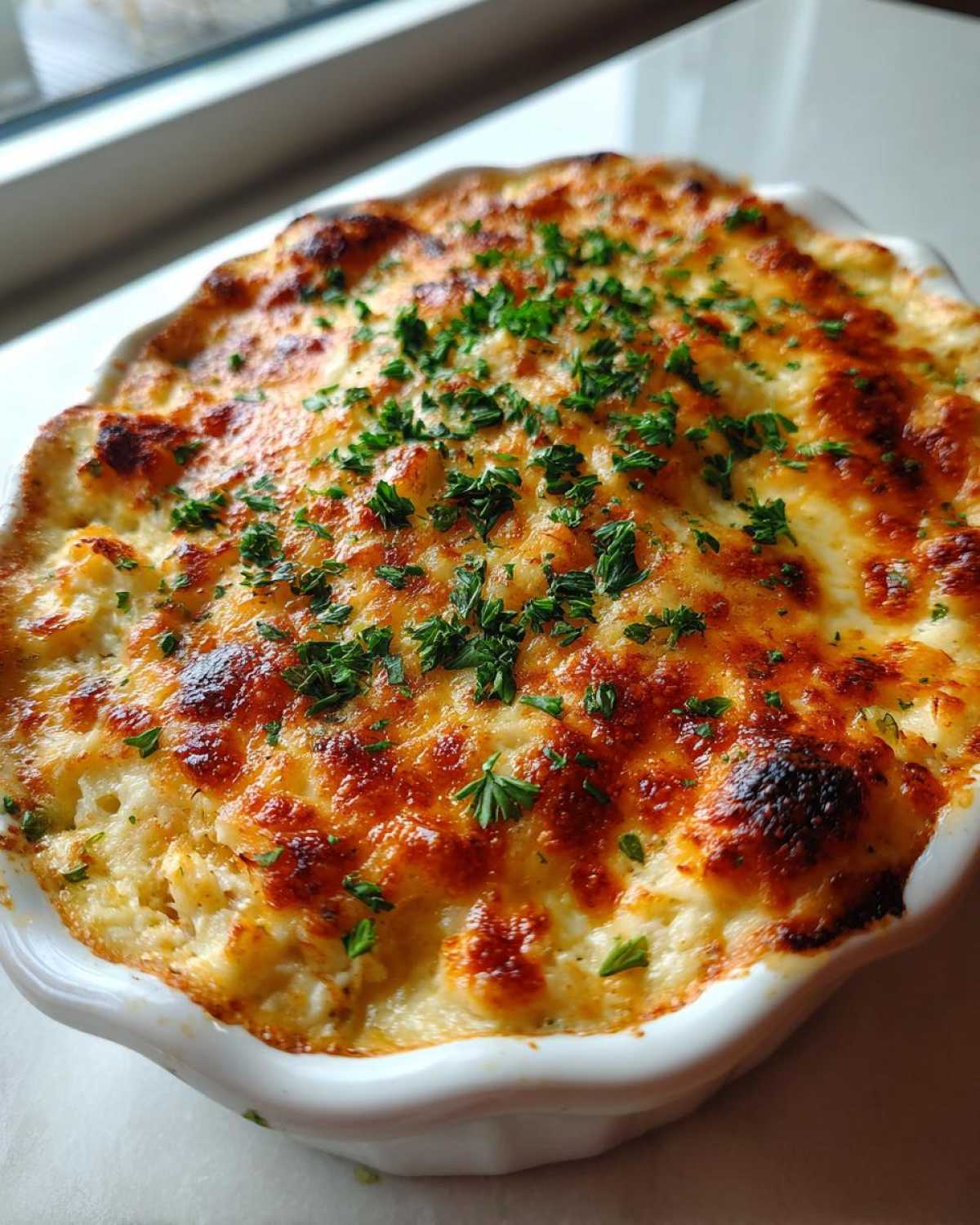 Close-up of a bubbly, golden-brown baked hot crab dip topped with fresh parsley in a white serving dish.