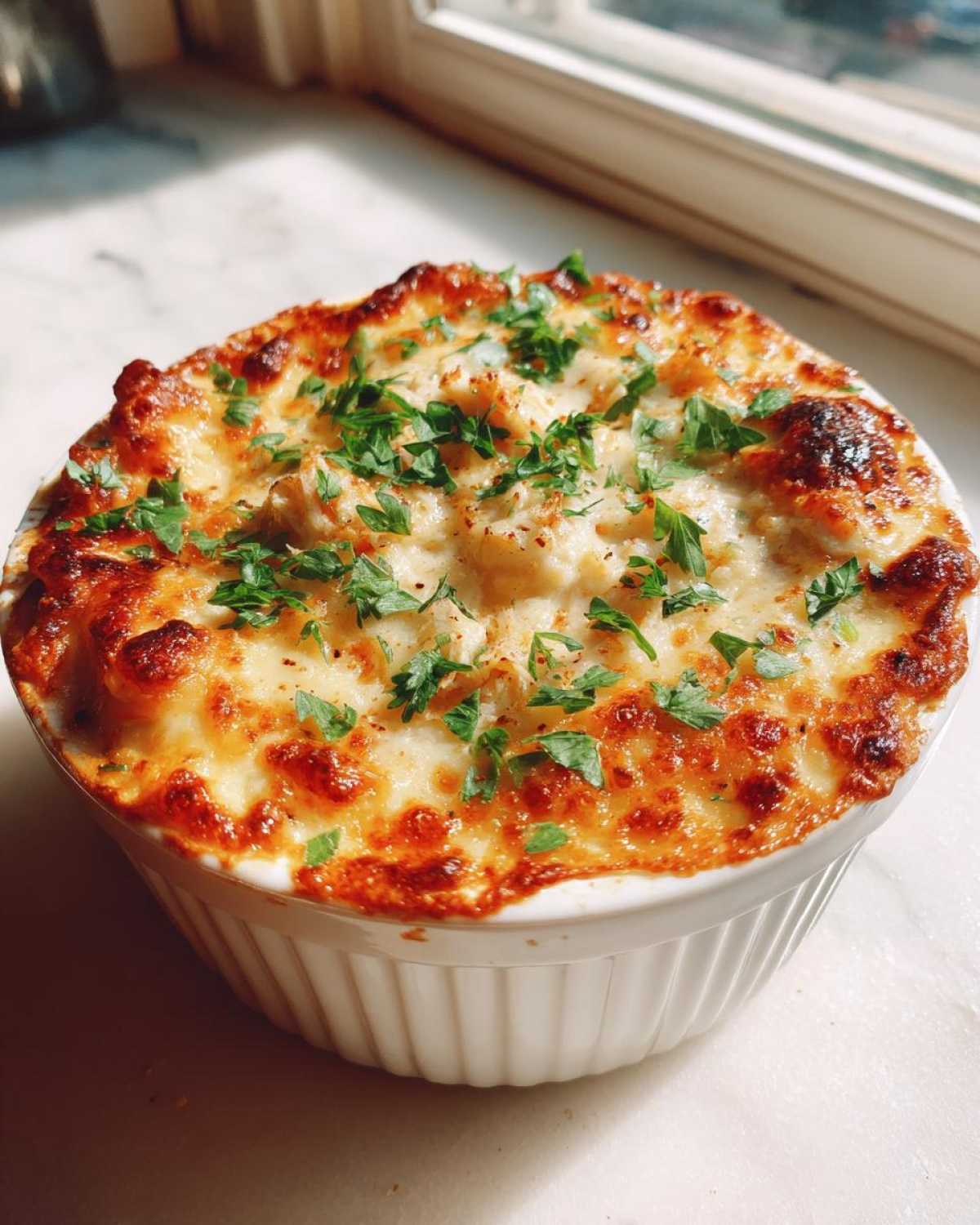 A freshly baked serving of hot crab dip in a white ramekin, topped with melted, browned cheese and fresh parsley.