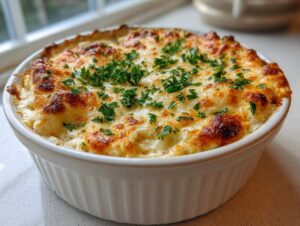 A creamy, baked hot crab dip in a white ramekin, topped with browned cheese and fresh parsley.