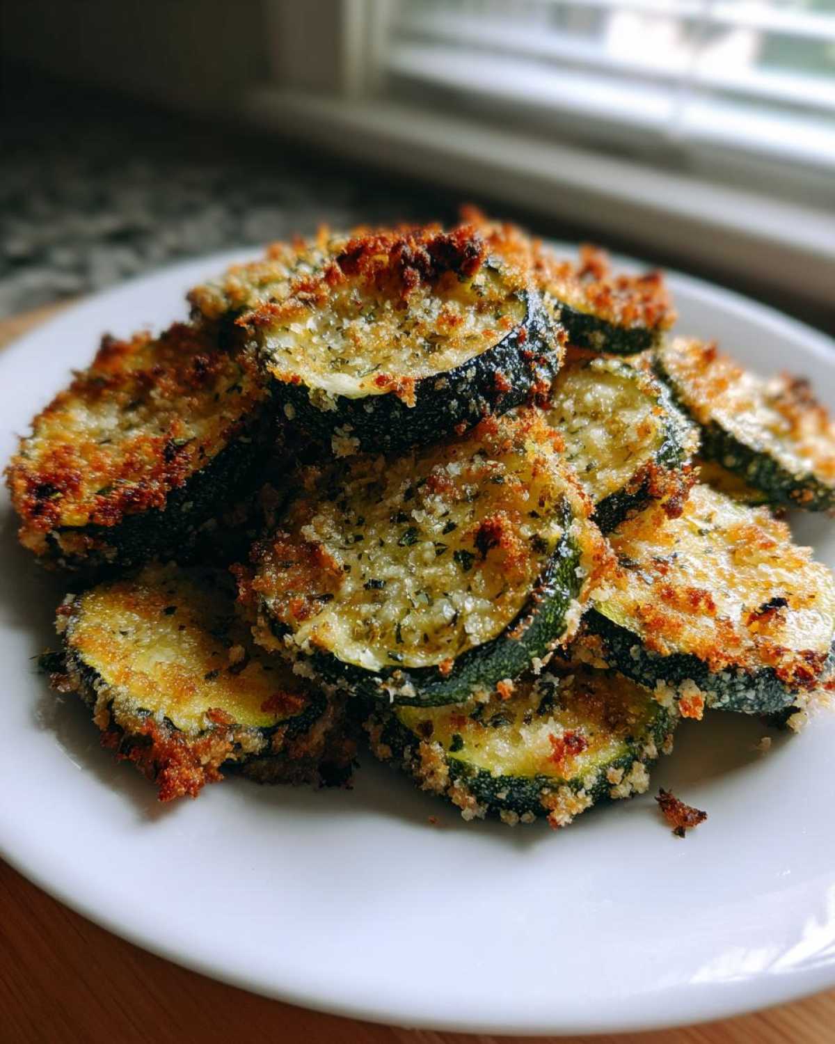 A pile of golden brown, crispy baked parmesan zucchini slices served on a white plate.