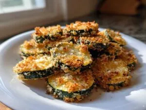 A pile of golden brown, crispy baked parmesan zucchini slices served on a white plate.