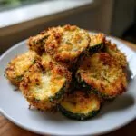 A pile of golden brown, crispy baked parmesan zucchini slices served on a white plate.