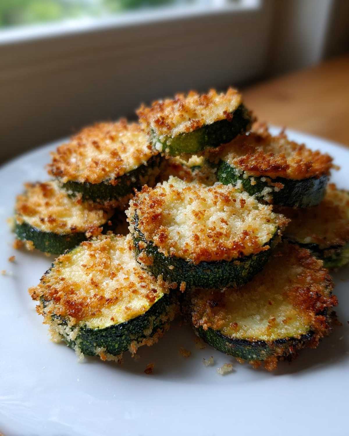A stack of perfectly golden baked parmesan zucchini slices with a crispy topping on a white plate.