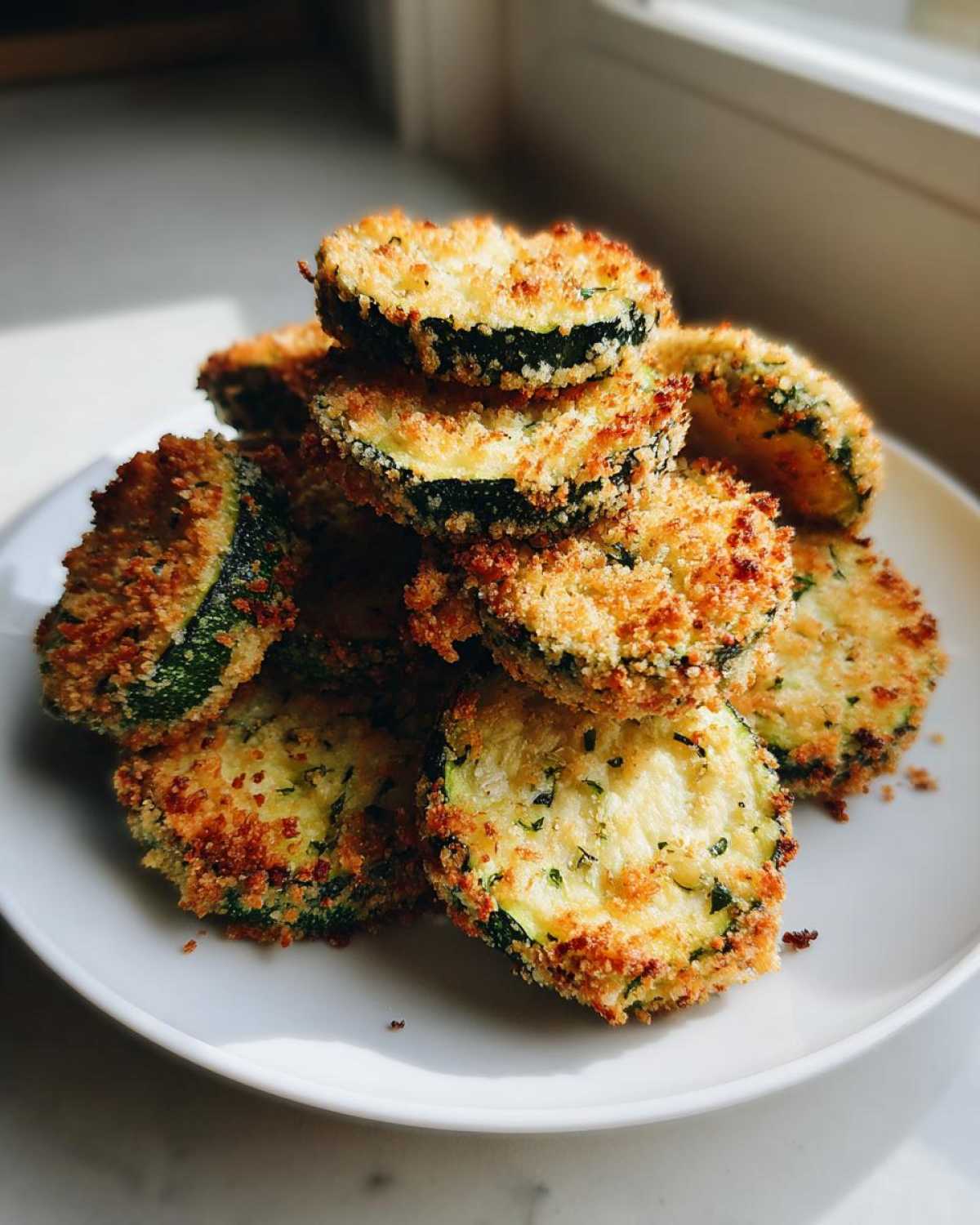 A stack of crispy, golden brown baked parmesan zucchini slices piled high on a white plate.
