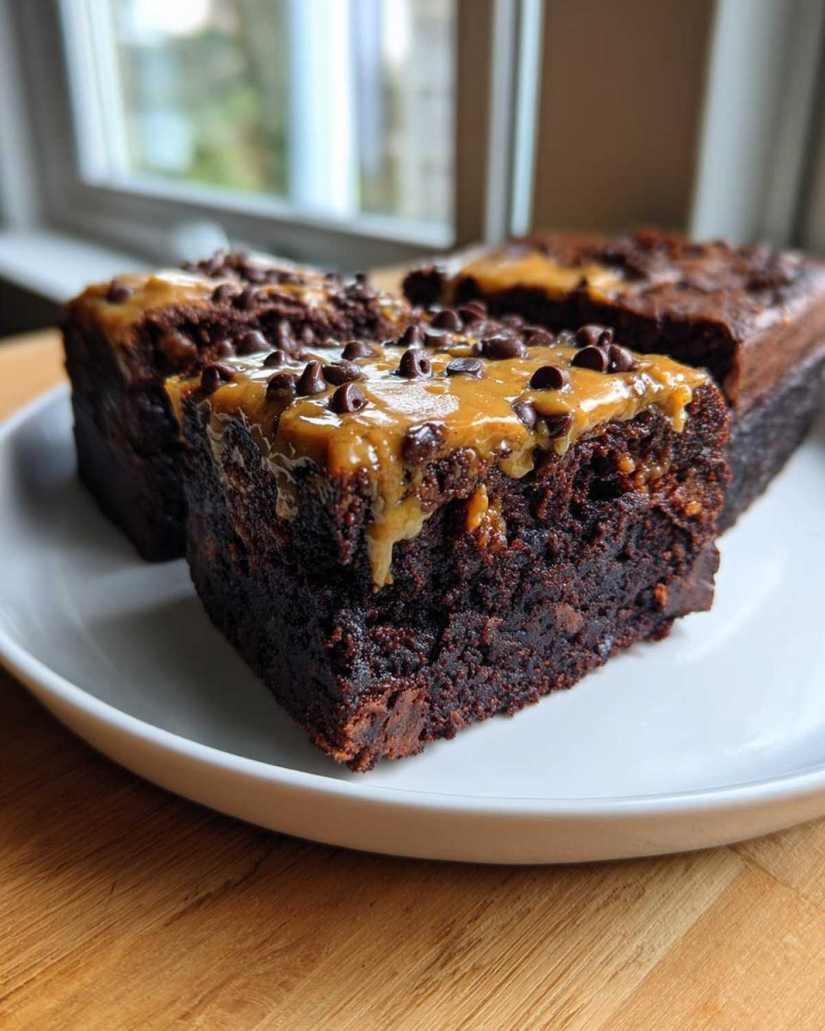 Close-up of fudgy banana bread brownies topped with caramel swirl and mini chocolate chips.