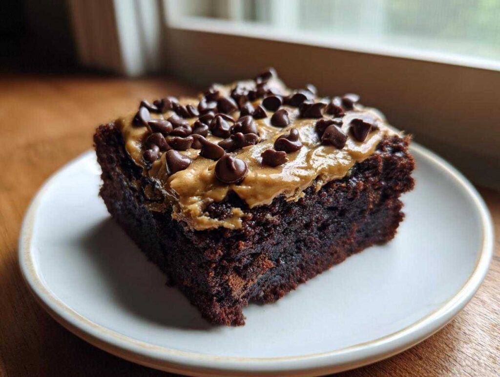 A rich, dark square of banana bread brownies topped with peanut butter frosting and chocolate chips.