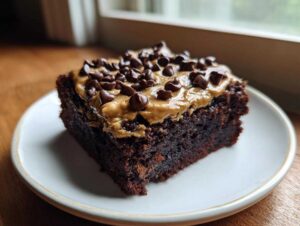 A rich, dark square of banana bread brownies topped with peanut butter frosting and chocolate chips.