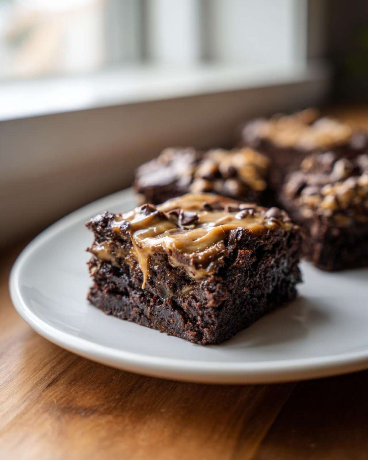 A rich, fudgy square of banana bread brownies topped with a peanut butter swirl and chocolate chips.