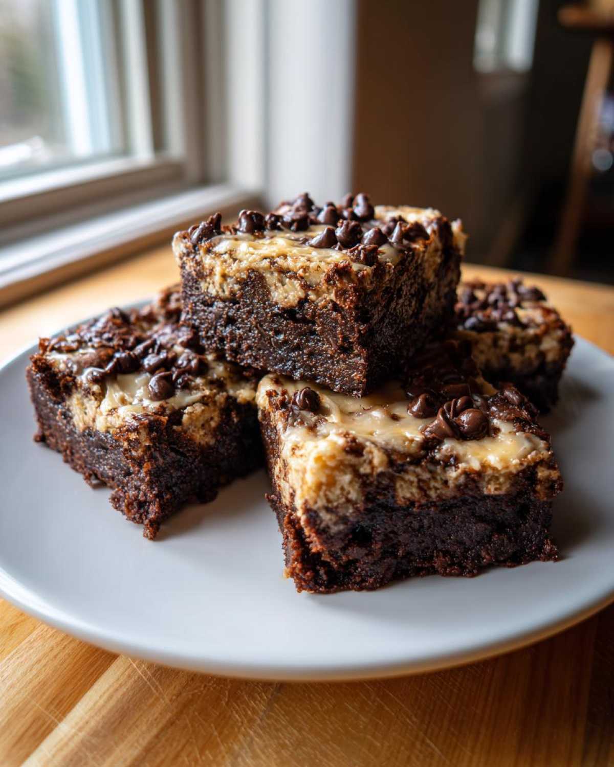 Four rich banana bread brownies stacked on a white plate, topped with a light swirl and mini chocolate chips.