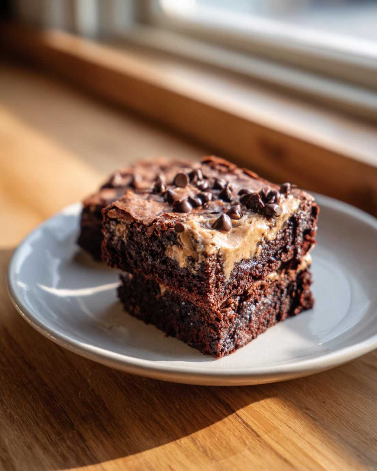 Two stacked, fudgy banana bread brownies topped with peanut butter frosting and chocolate chips.