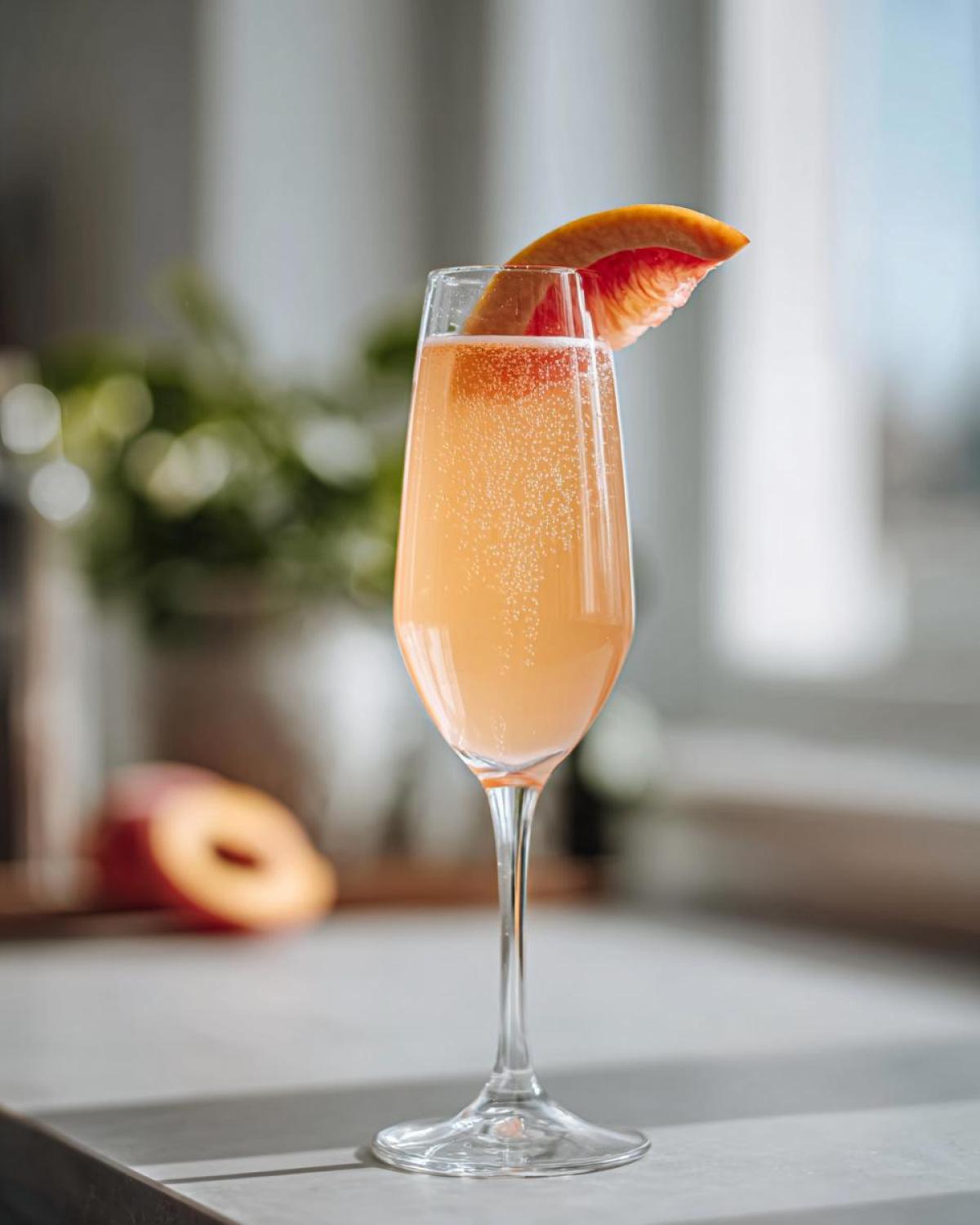 Close-up of a sparkling, orange-hued bellini recipe cocktail in a champagne flute, garnished with a citrus slice.