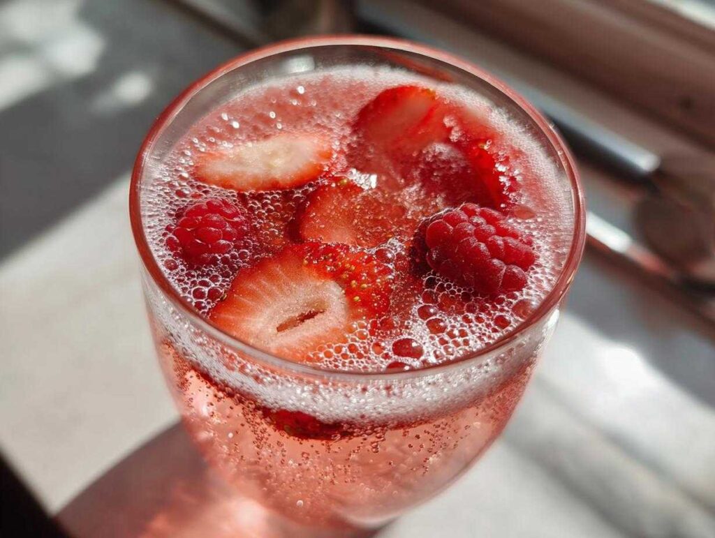 Close-up of a glass filled with sparkling pink champagne punch garnished with fresh strawberry slices and raspberries.