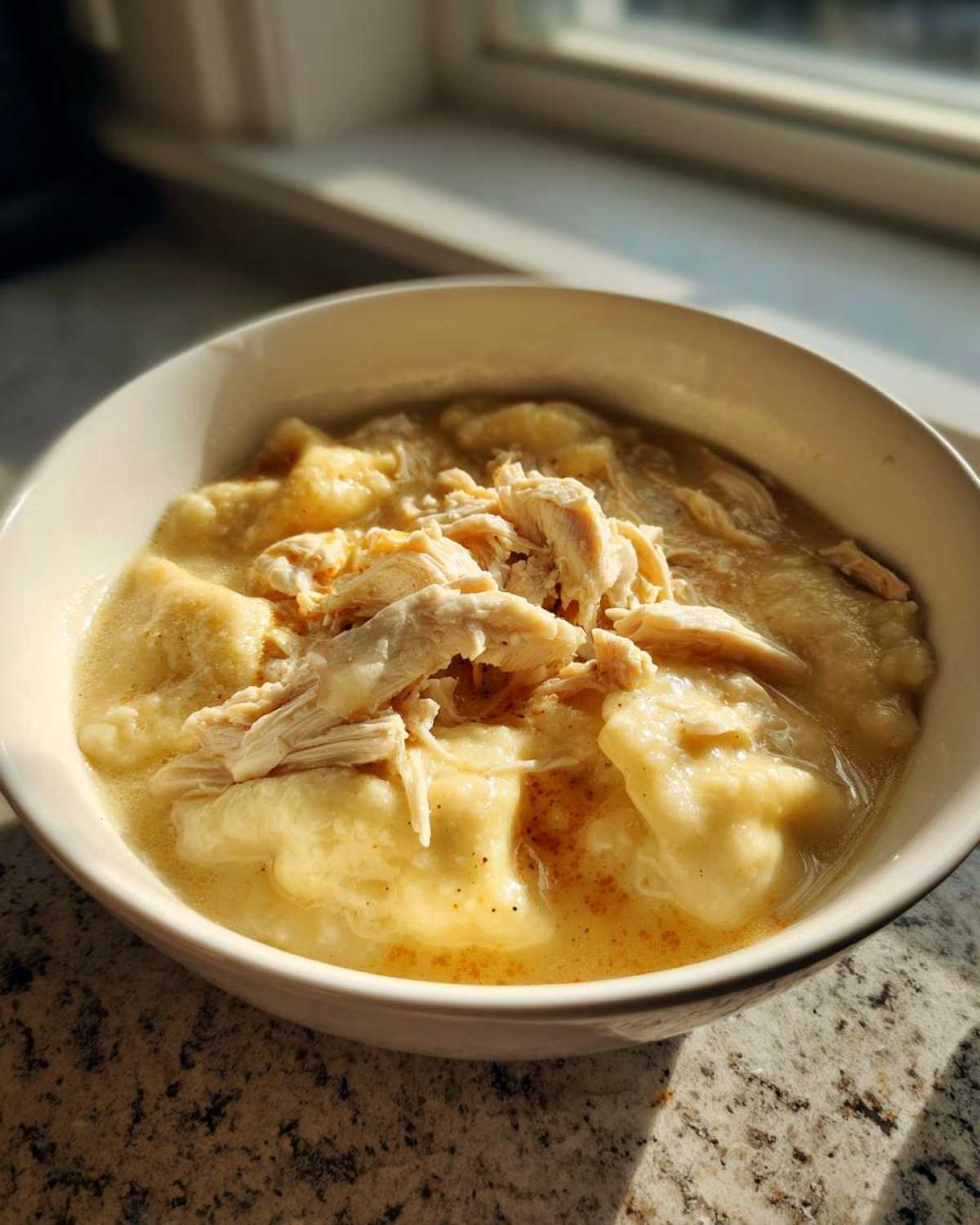 A close-up of a bowl filled with creamy chicken and dumplings, topped with shredded chicken.