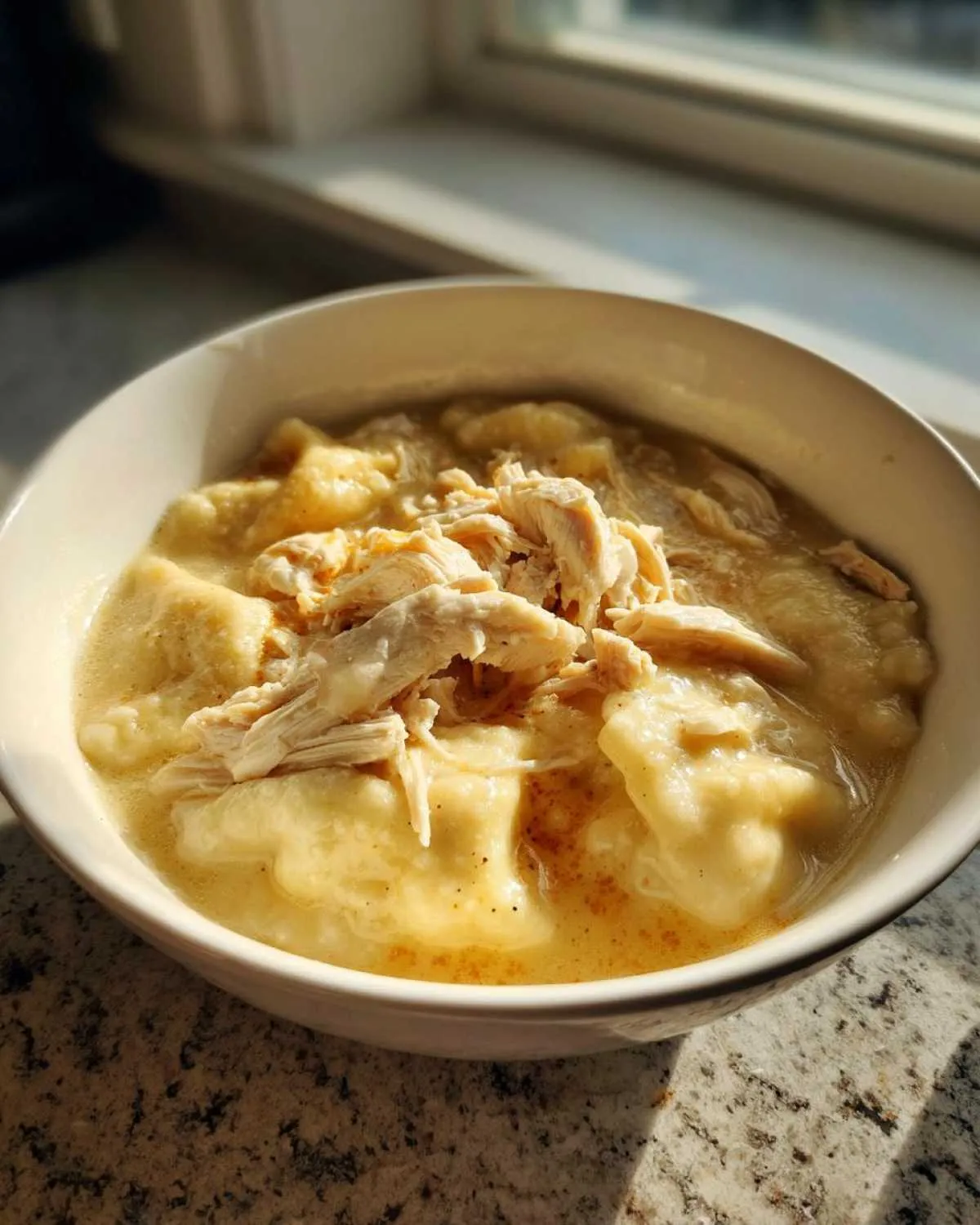 A close-up of a bowl filled with creamy chicken and dumplings, topped with shredded chicken.