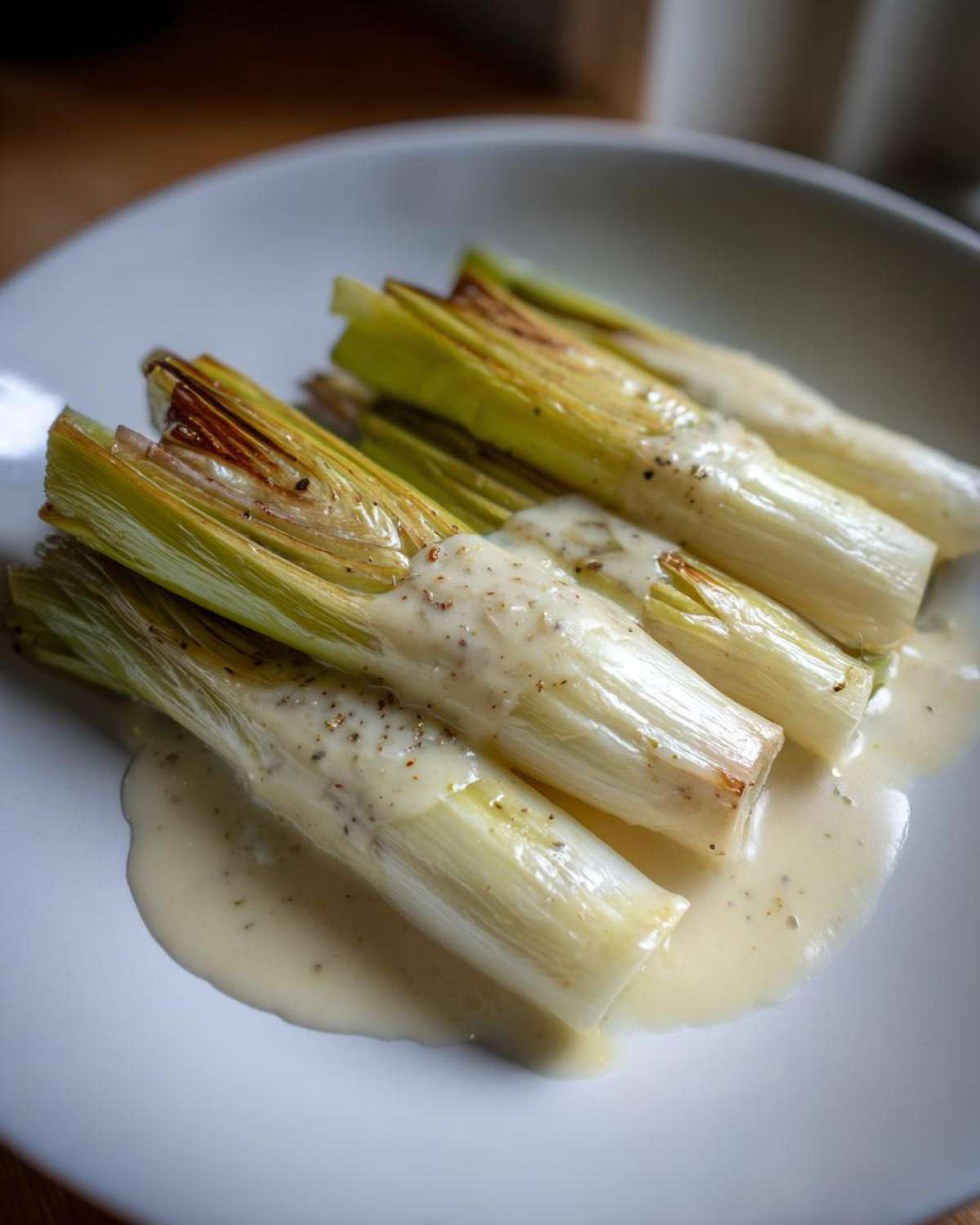 Close-up of perfectly cooked braised leeks served in a creamy white sauce on a white plate.