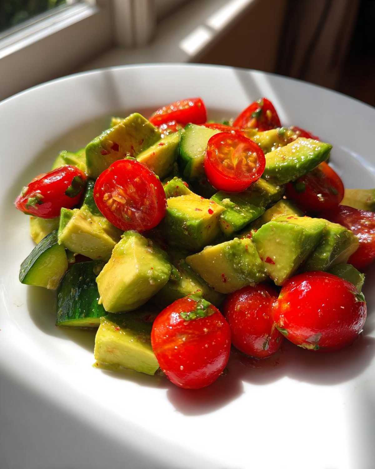 Close-up of a vibrant avocado salad featuring diced avocado and halved cherry tomatoes, glistening in sunlight.