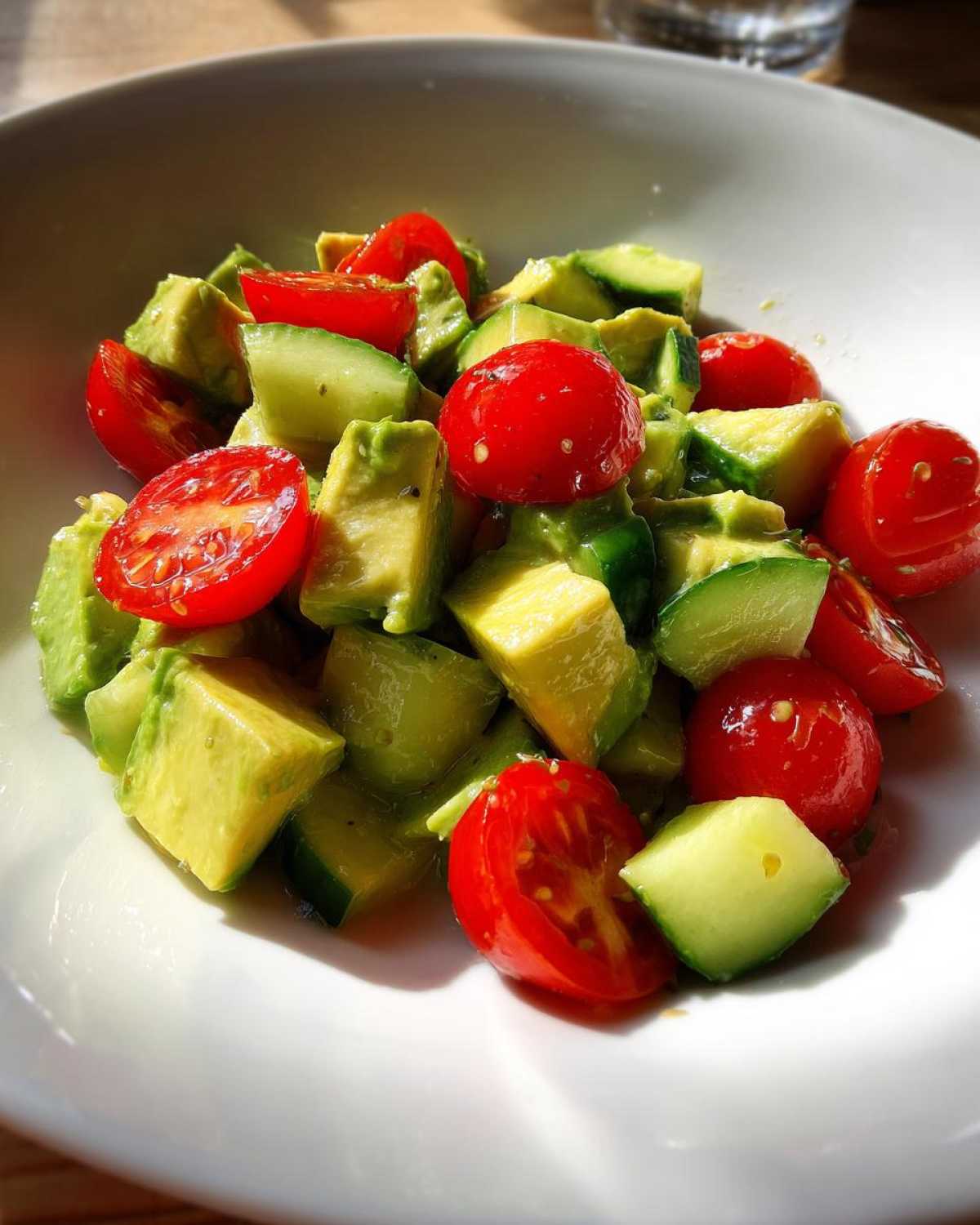 Close-up of a vibrant avocado salad featuring diced avocado, cucumber chunks, and halved cherry tomatoes in a white bowl.