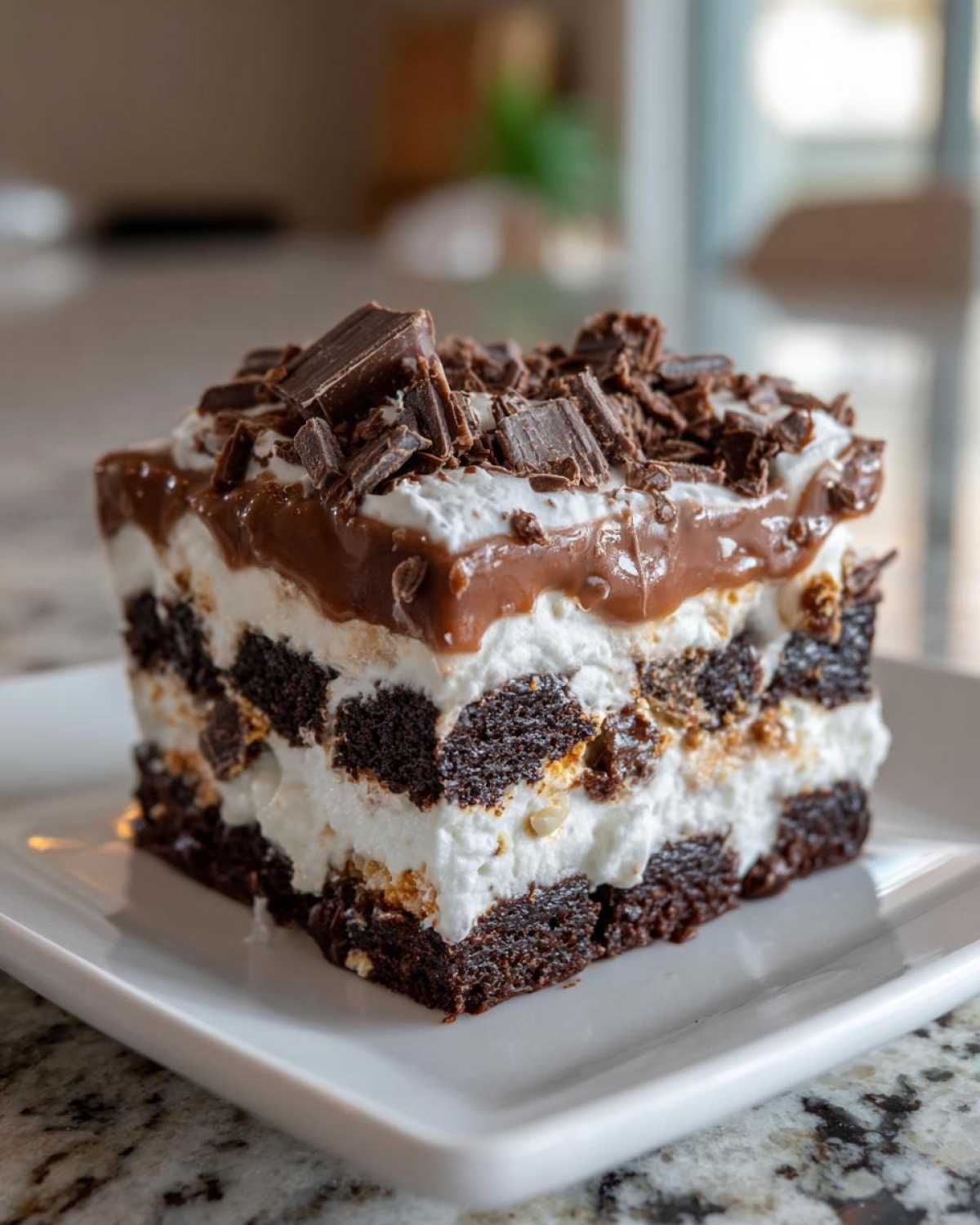 A decadent slice of brownie refrigerator cake showing layers of dark chocolate brownie chunks and white cream filling, topped with fudge and chocolate shavings.