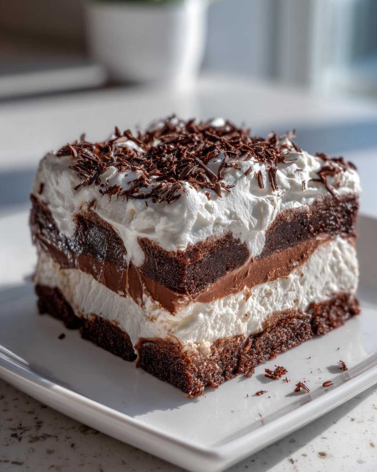A decadent square slice of brownie refrigerator cake showing multiple layers of dark chocolate brownie, white cream, and chocolate pudding, topped with chocolate shavings.