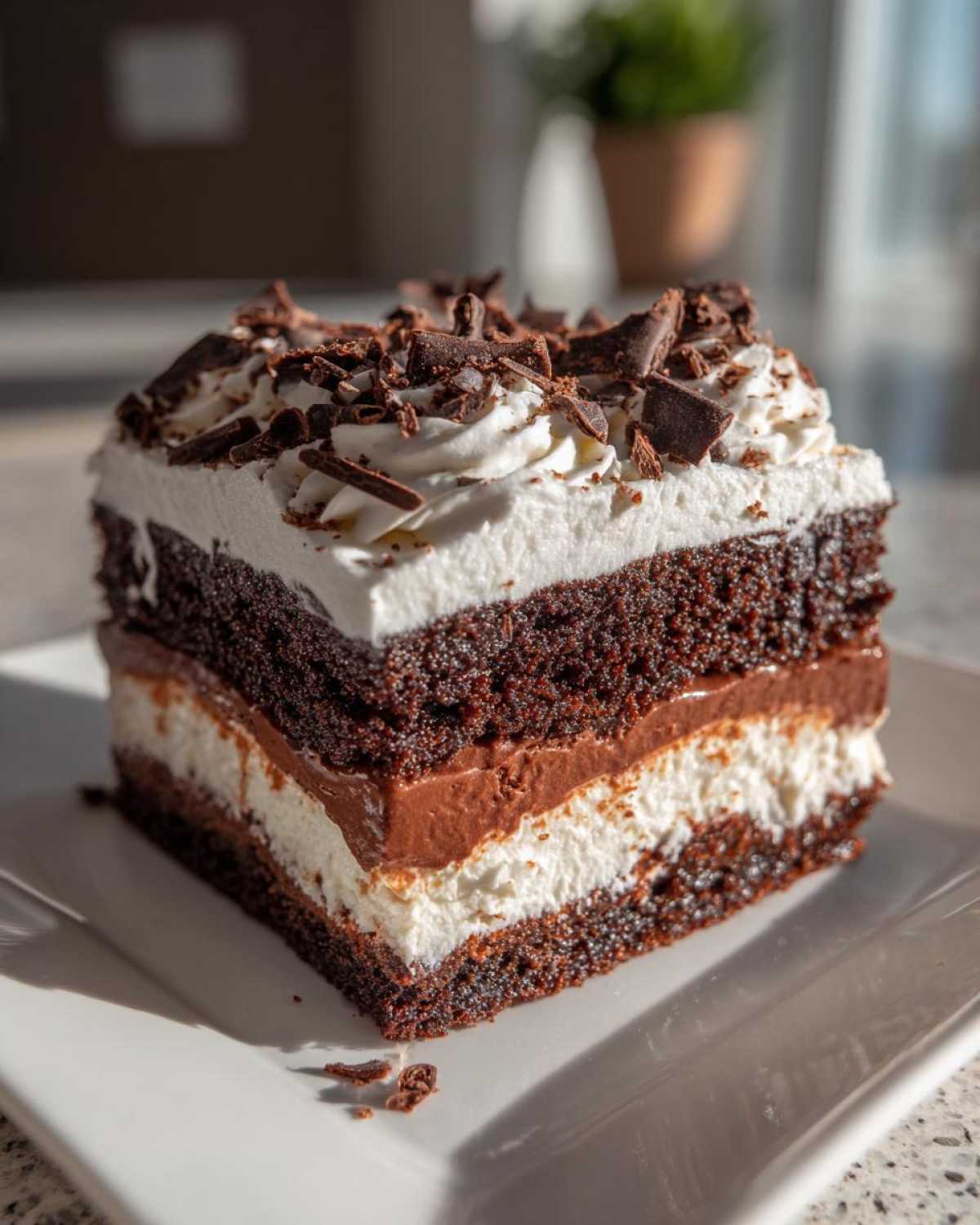 A decadent slice of brownie refrigerator cake showing layers of dark chocolate cake, cream, and mousse, topped with whipped cream and chocolate shavings.
