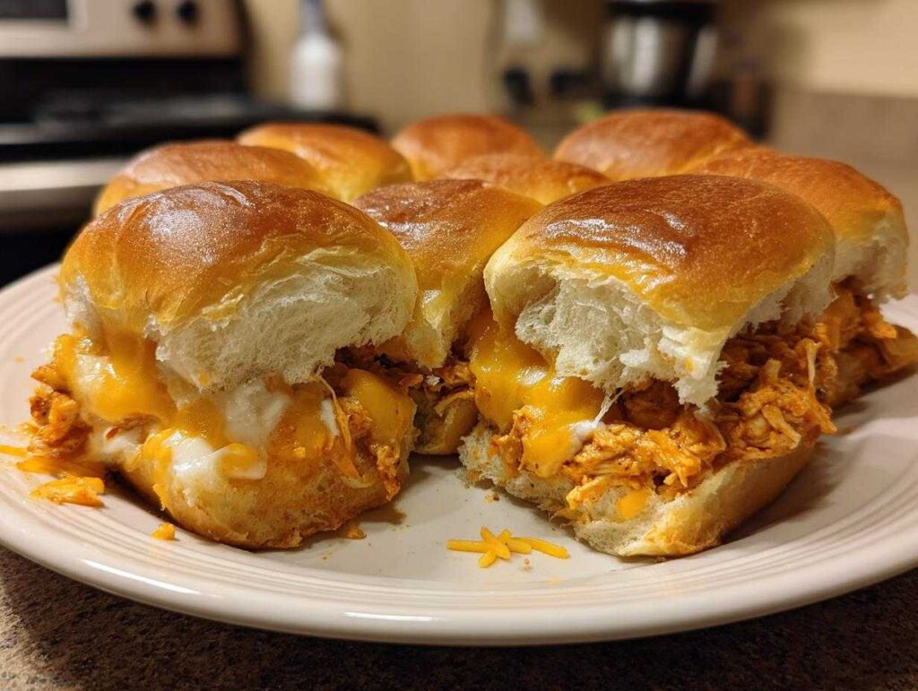 A plate full of freshly baked buffalo chicken sliders oozing with melted cheddar cheese.