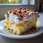 A decadent slice of butter pecan praline poke cake topped with thick whipped cream and chopped pecans.