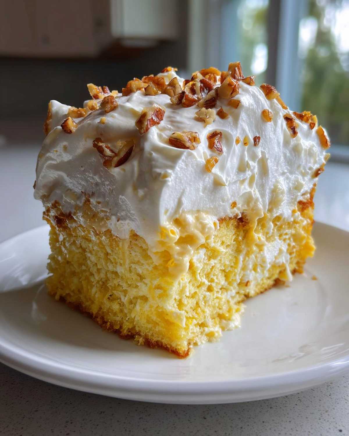 A close-up of a moist slice of butter pecan praline poke cake topped with whipped cream and chopped pecans.