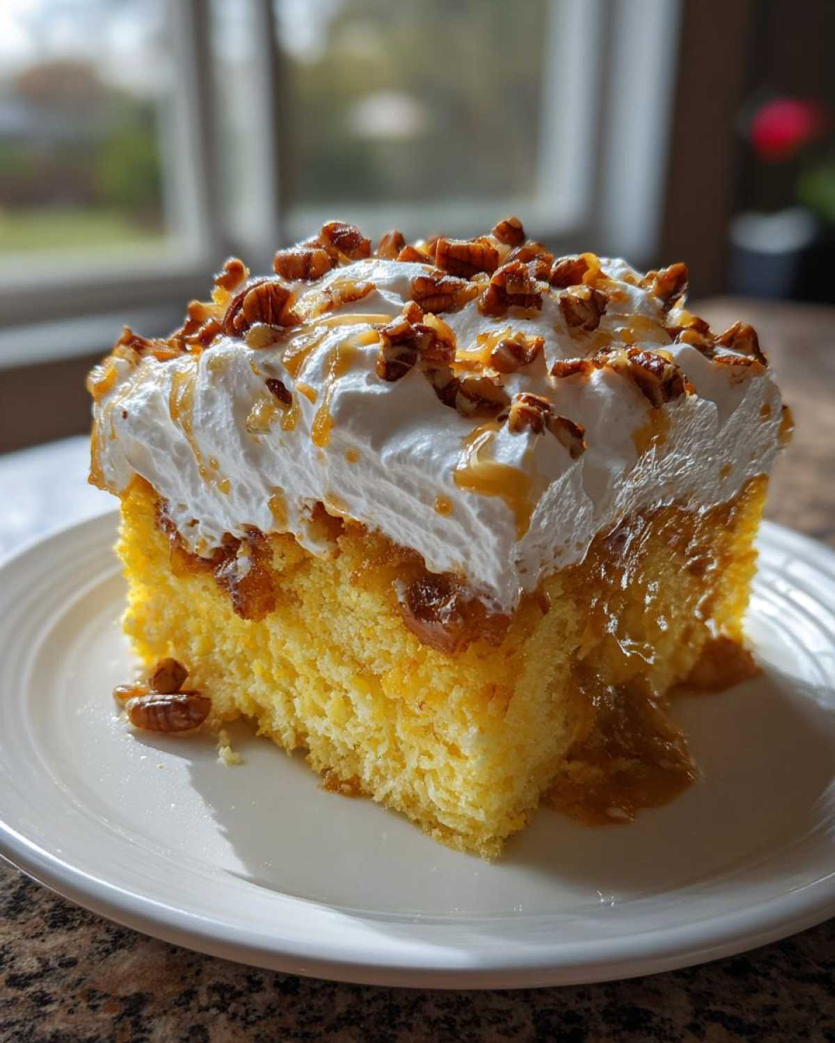 A moist slice of butter pecan praline poke cake topped with whipped cream and candied pecans.