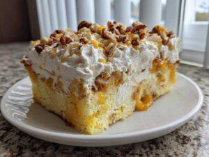 A generous slice of butter pecan praline poke cake featuring yellow cake, creamy filling, whipped topping, and chopped pecans.