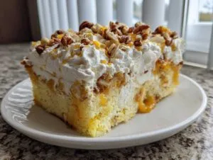 A generous slice of butter pecan praline poke cake featuring yellow cake, creamy filling, whipped topping, and chopped pecans.