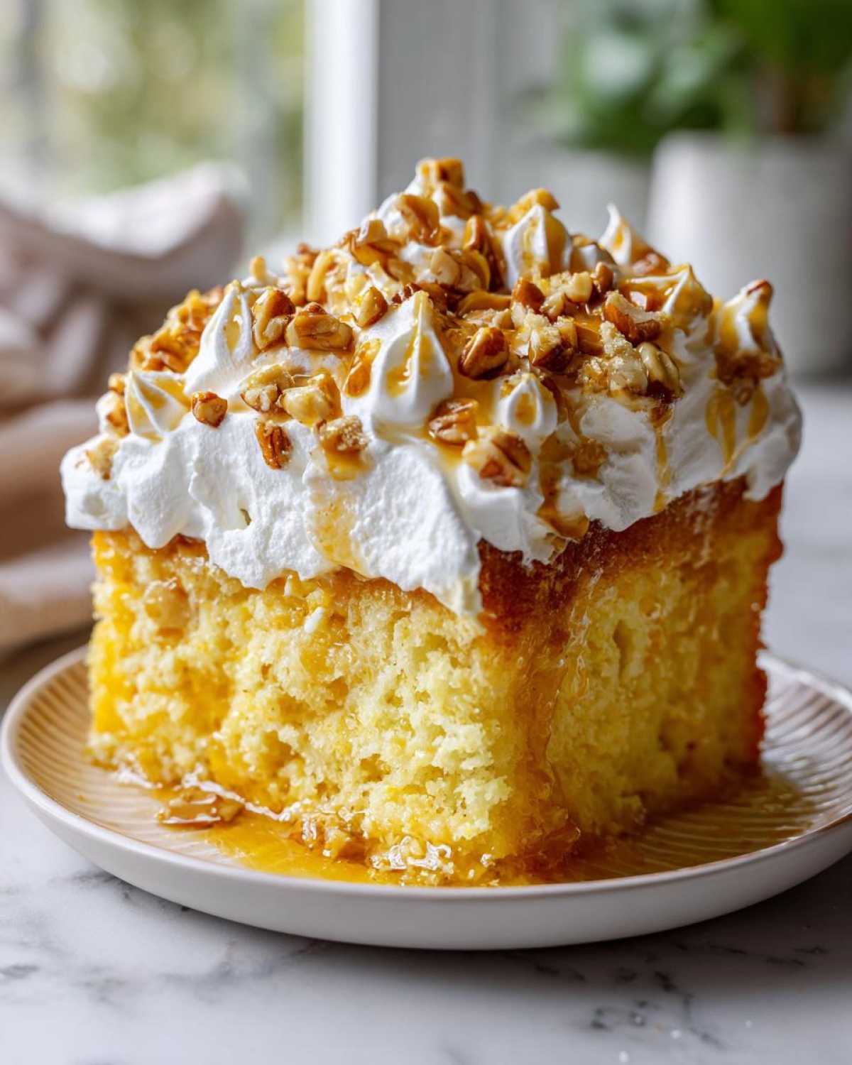 A moist slice of butter pecan praline poke cake soaked in syrup, topped with whipped cream and candied pecans.