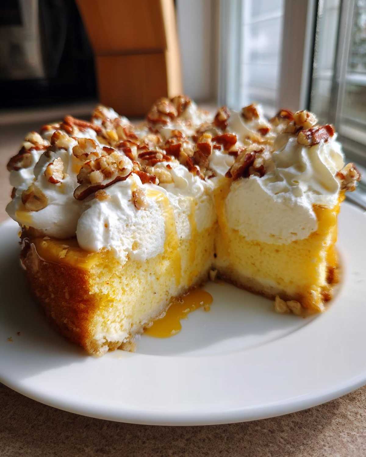 A slice of rich butter pecan praline poke cake topped with whipped cream and chopped pecans, drizzled with caramel.