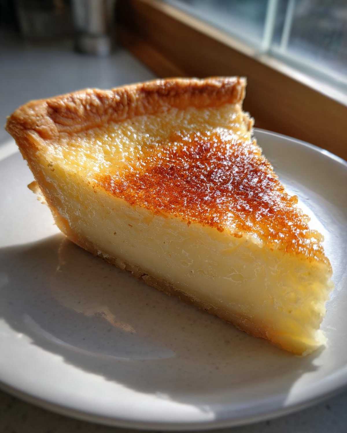 A close-up slice of creamy buttermilk pie with a golden, slightly caramelized top crust, sitting on a white plate.