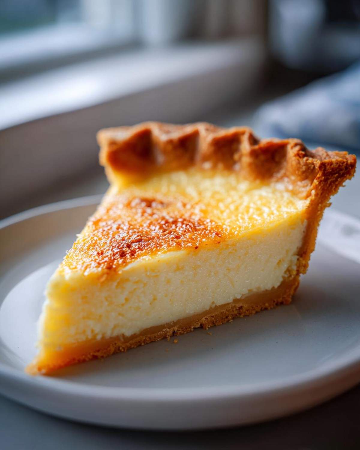 A close-up of a single slice of creamy buttermilk pie on a light gray plate, showing the golden-brown, slightly caramelized top.