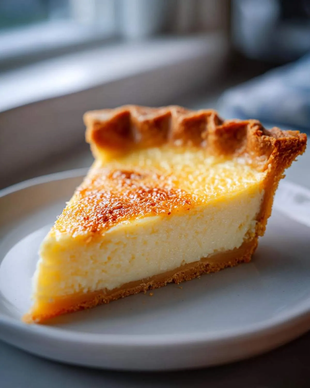 A close-up of a single slice of creamy buttermilk pie on a light gray plate, showing the golden-brown, slightly caramelized top.