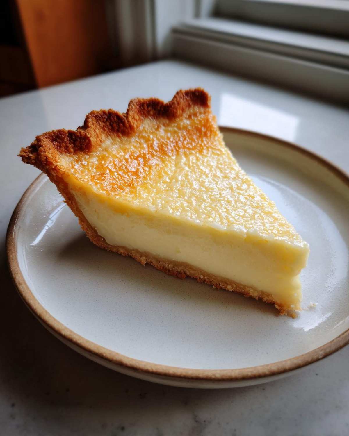 A perfect slice of creamy buttermilk pie with a golden, slightly browned top and crimped crust, served on a speckled plate.