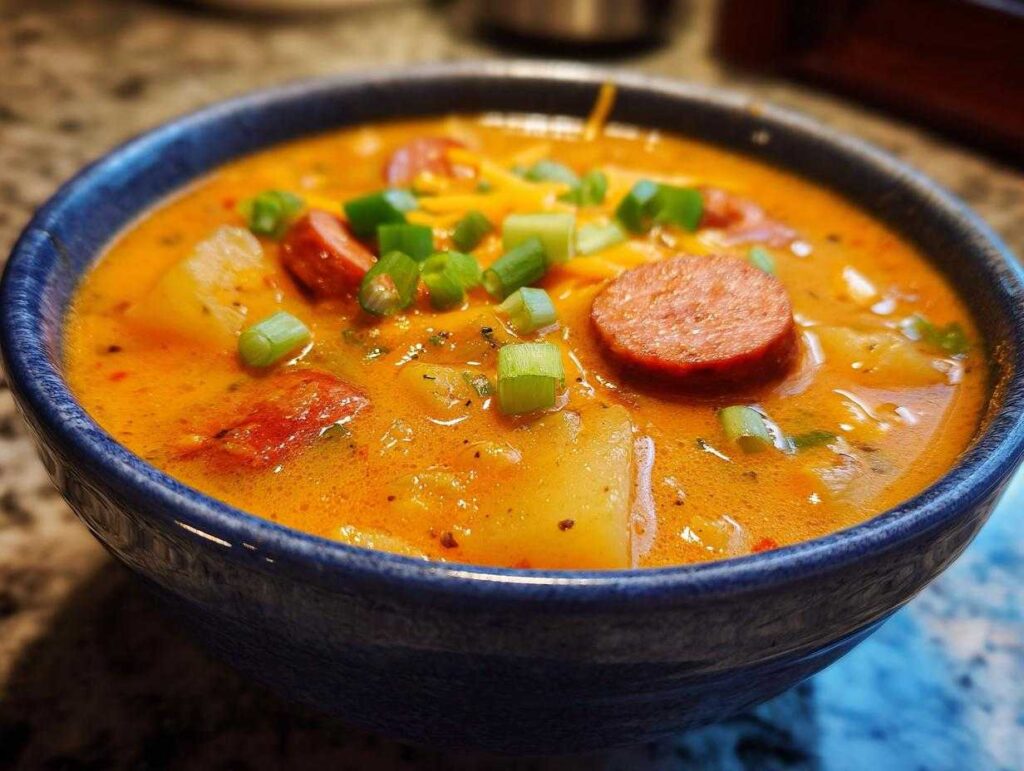 Close-up of a vibrant orange bowl of creamy Cajun potato soup topped with sausage slices, shredded cheese, and green onions.