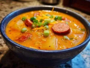 Close-up of a vibrant orange bowl of creamy Cajun potato soup topped with sausage slices, shredded cheese, and green onions.