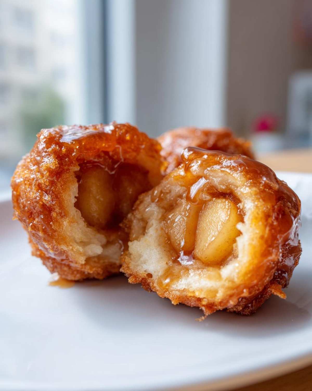 Close-up of a fried apple dumpling cut in half, revealing soft cooked apple filling and drizzled with caramel sauce.