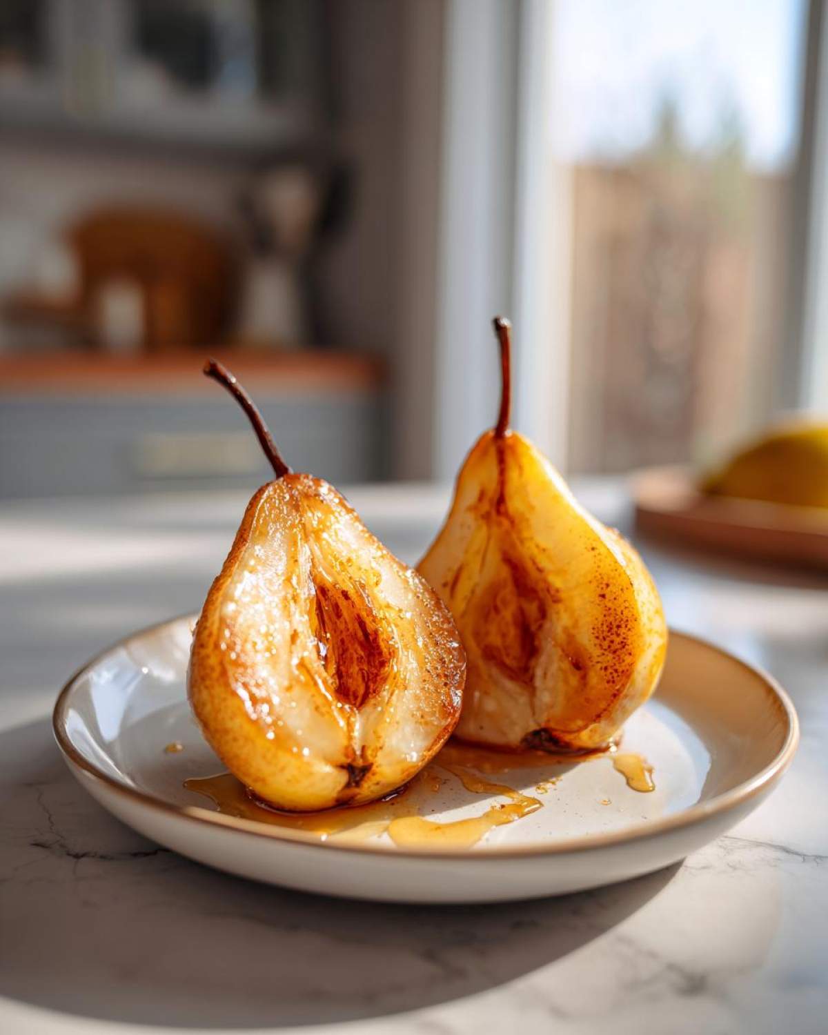 Two halves of glistening, caramelized baked pears drizzled with syrup on a small white plate.