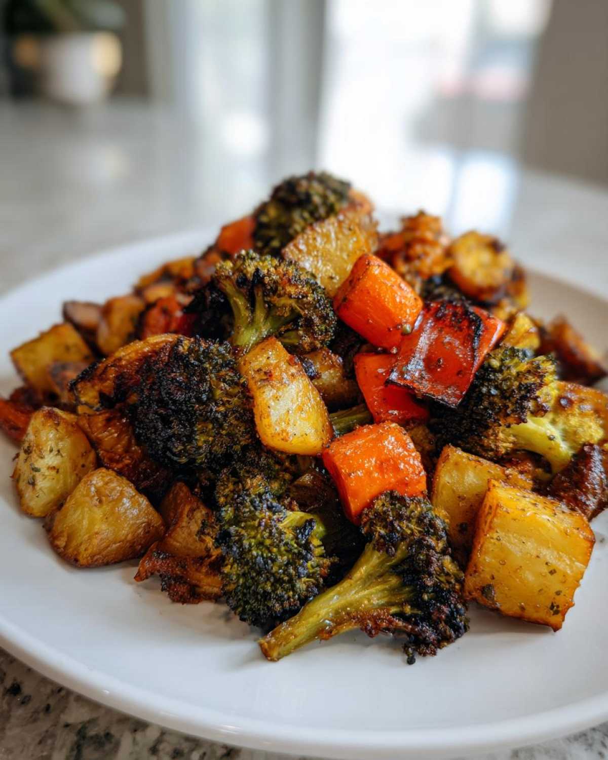 A close-up of perfectly caramelized roasted vegetables, including broccoli, potatoes, carrots, and peppers.